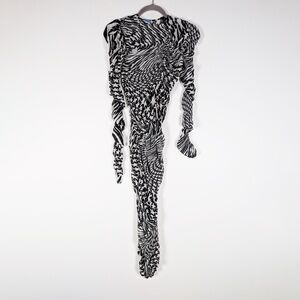 Mugler Star Print Pattern Black & Ivory Mesh Ruched Long Sleeve Midi Dress 6